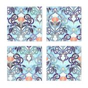 Ocean Indigo Art Nouveau Pattern with Coral Flowers large print