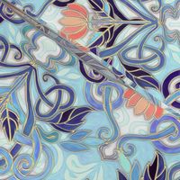 Ocean Indigo Art Nouveau Pattern with Coral Flowers large print