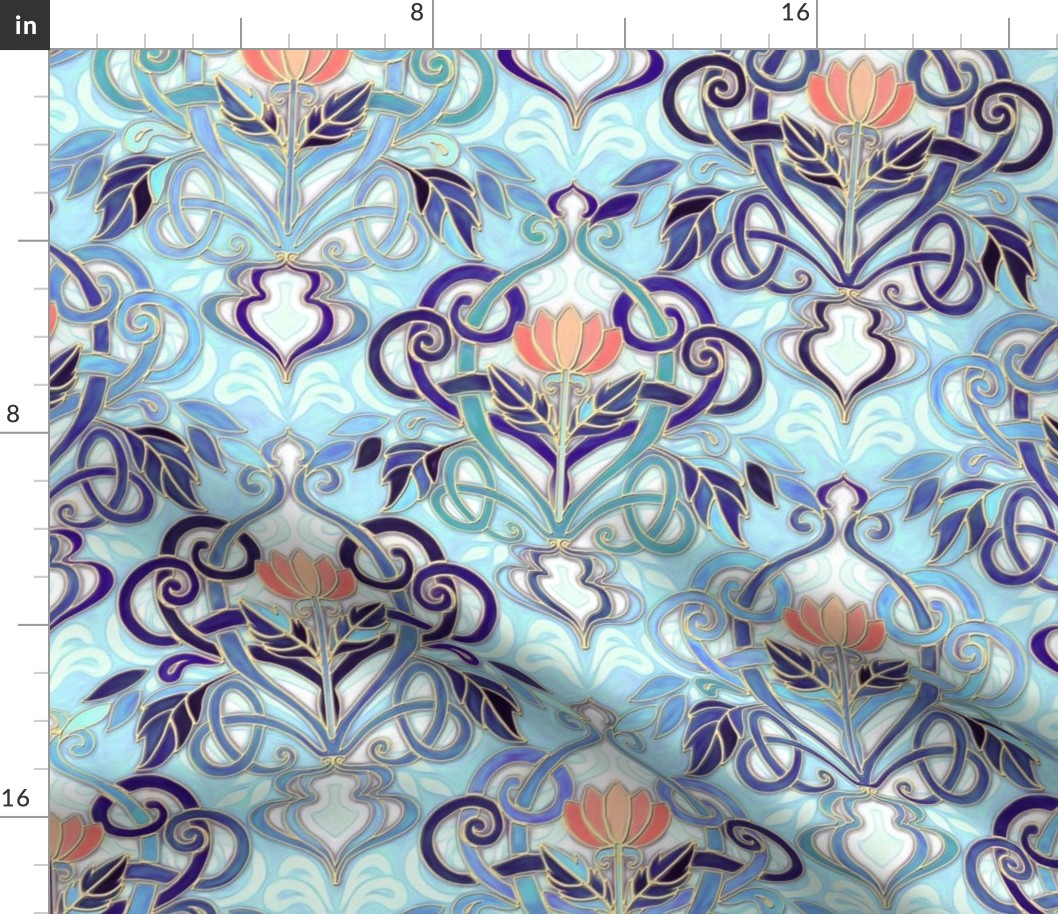 Ocean Indigo Art Nouveau Pattern with Coral Flowers large print