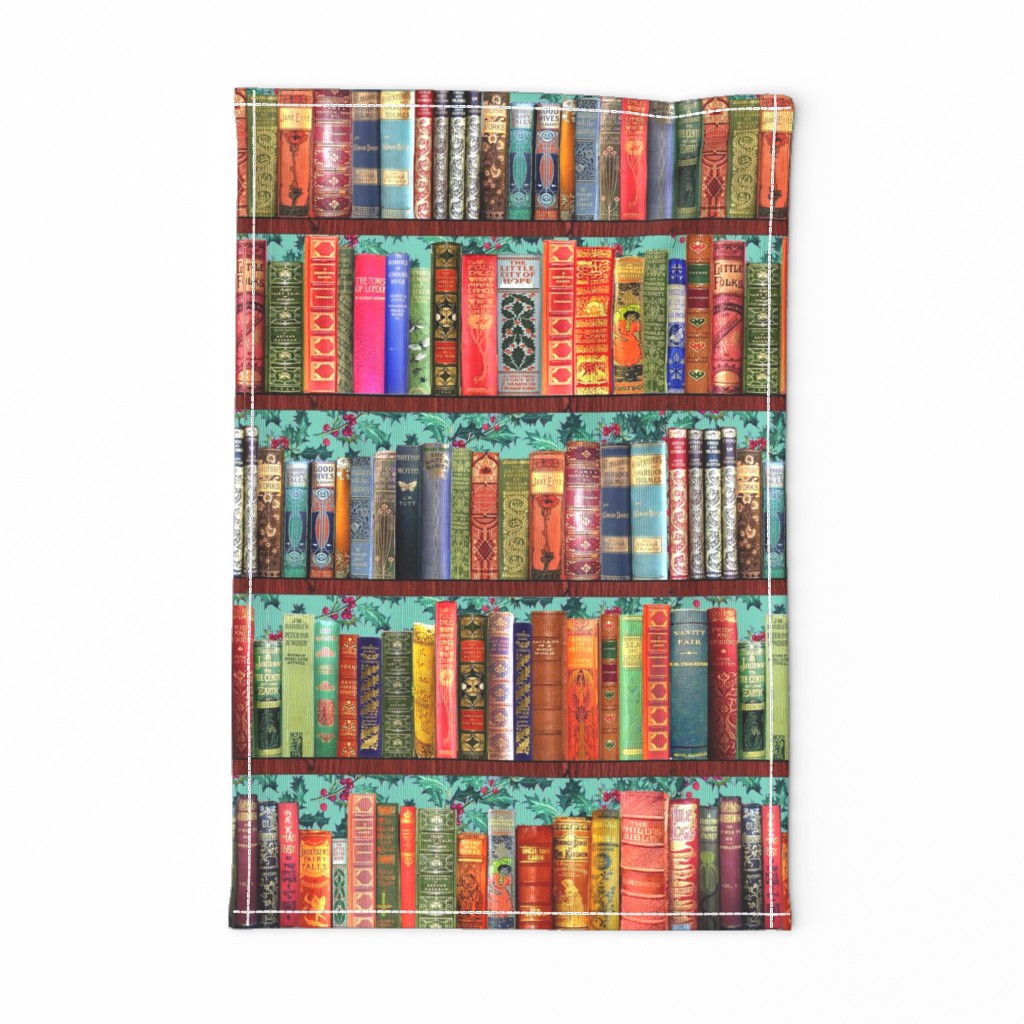 Christmas Bookshelf tea towel, Holiday books, Vintage books tea towel or wall hanging