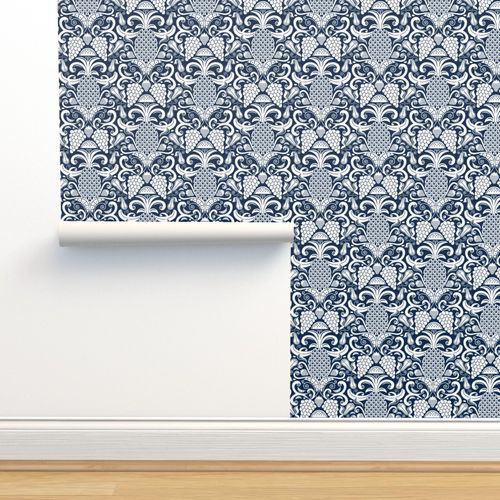 Removable Water-Activated Wallpaper Seaweed Blue And White Navy Nautical Pirate