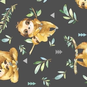 Sloths Hangin On, dark (smokey gray) Children's Bedding Baby Boy Nursery, LARGE Scale, ROTATED