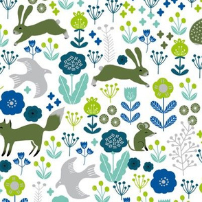 autumn // green and blue forest woodland animals fox bunny squirrels cute woodland critters