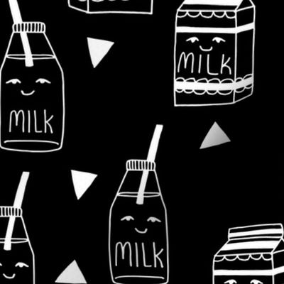 milk // black and white kids food hand-drawn illustration fabric pattern black background