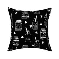 milk // black and white kids food hand-drawn illustration fabric pattern black background