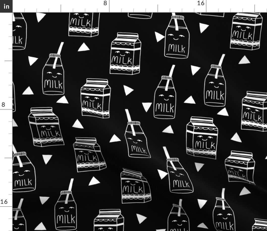 milk // black and white kids food hand-drawn illustration fabric pattern black background