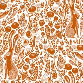 hare // orange autumn fall woodland botanical linocut forest trees forest