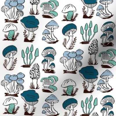 mushrooms // blue green linocut stamp kids blue and green autumn fall nature linocut block print