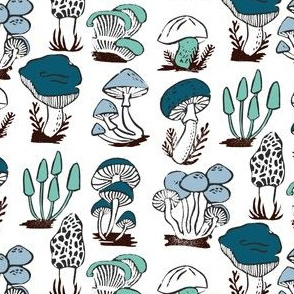 mushrooms // blue green linocut stamp kids blue and green autumn fall nature linocut block print