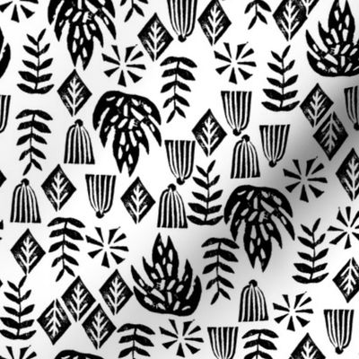 Tropical plants - linocut plants leaves tropical black and white