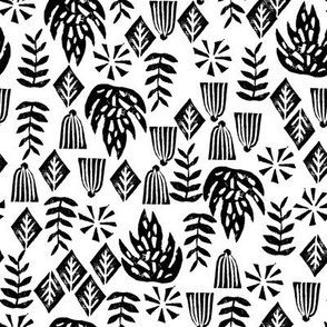 Tropical plants - linocut plants leaves tropical black and white
