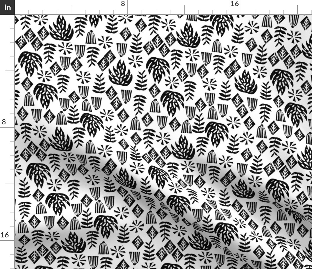 Tropical plants - linocut plants leaves tropical black and white