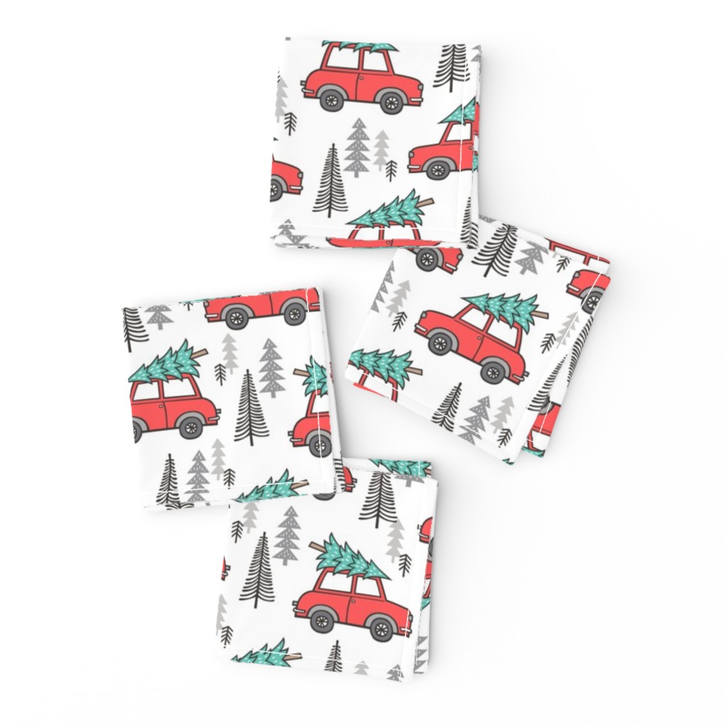 Holiday Christmas Tree Car Woodland Fall on White