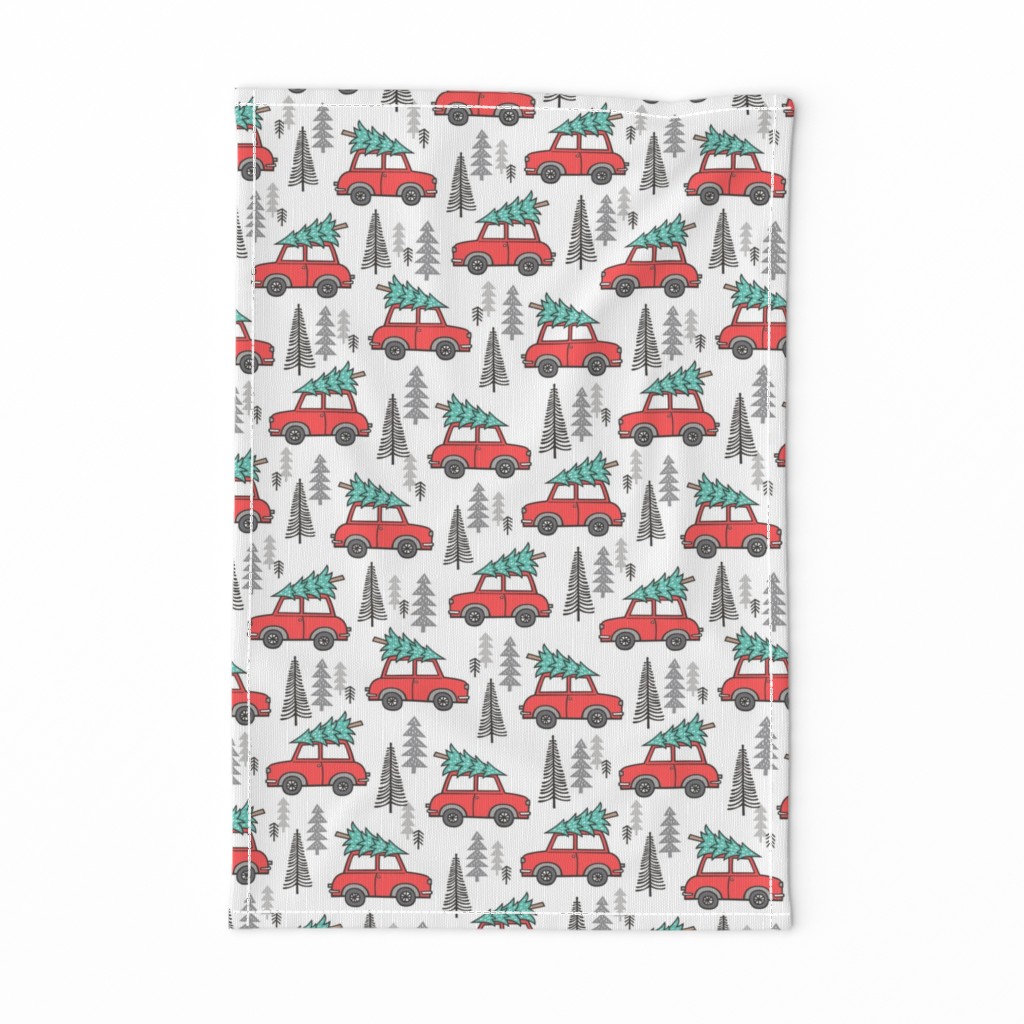 Holiday Christmas Tree Car Woodland Fall on White