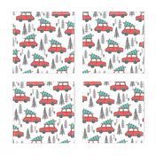 Holiday Christmas Tree Car Woodland Fall on White