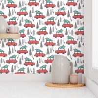 Holiday Christmas Tree Car Woodland Fall on White