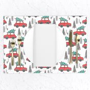 Holiday Christmas Tree Car Woodland Fall on White