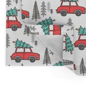 Holiday Christmas Tree Car Woodland Fall on White