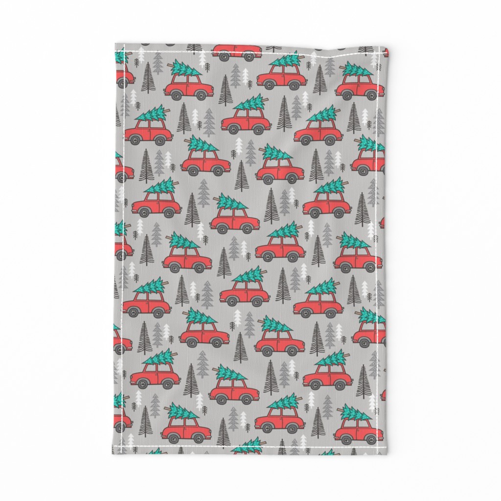 Holiday Christmas Tree Red Car Woodland Fall on Grey