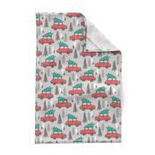 Holiday Christmas Tree Red Car Woodland Fall on Grey