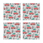 Holiday Christmas Tree Red Car Woodland Fall on Grey