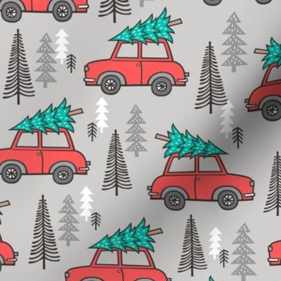 Holiday Christmas Tree Red Car Woodland Fall on Grey