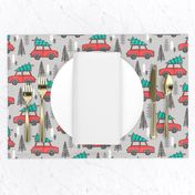 Holiday Christmas Tree Red Car Woodland Fall on Grey