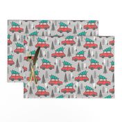 Holiday Christmas Tree Red Car Woodland Fall on Grey