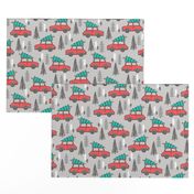 Holiday Christmas Tree Red Car Woodland Fall on Grey