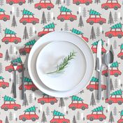 Holiday Christmas Tree Red Car Woodland Fall on Grey