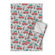 Holiday Christmas Tree Red Car Woodland Fall on Grey