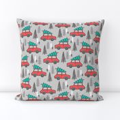 Holiday Christmas Tree Red Car Woodland Fall on Grey