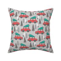 Holiday Christmas Tree Red Car Woodland Fall on Grey