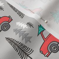 Holiday Christmas Tree Red Car Woodland Fall on Grey