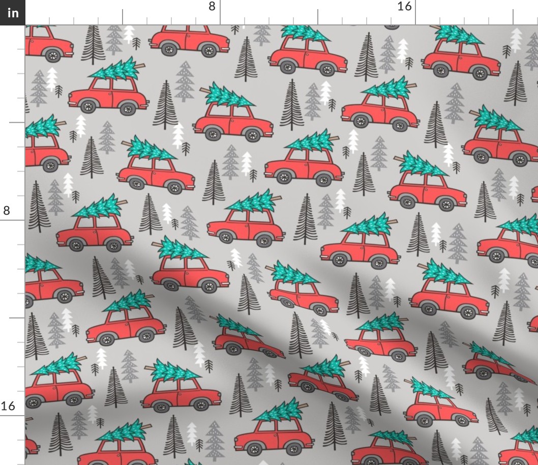 Holiday Christmas Tree Red Car Woodland Fall on Grey