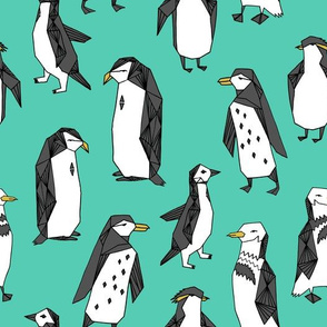 penguins // penguin bird birds winter kids cute birds green bright winter fabric