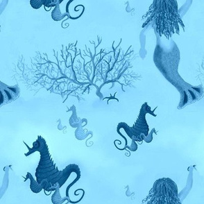 Large - Ocean View of Mermaids, Seahorse Unicorns and Coral
