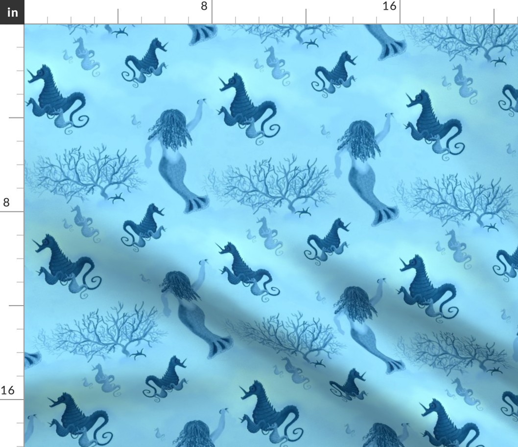 Large - Ocean View of Mermaids, Seahorse Unicorns and Coral