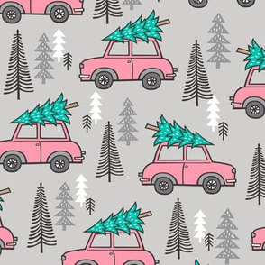 Holiday Christmas Tree Pink Car Woodland Fall on Grey