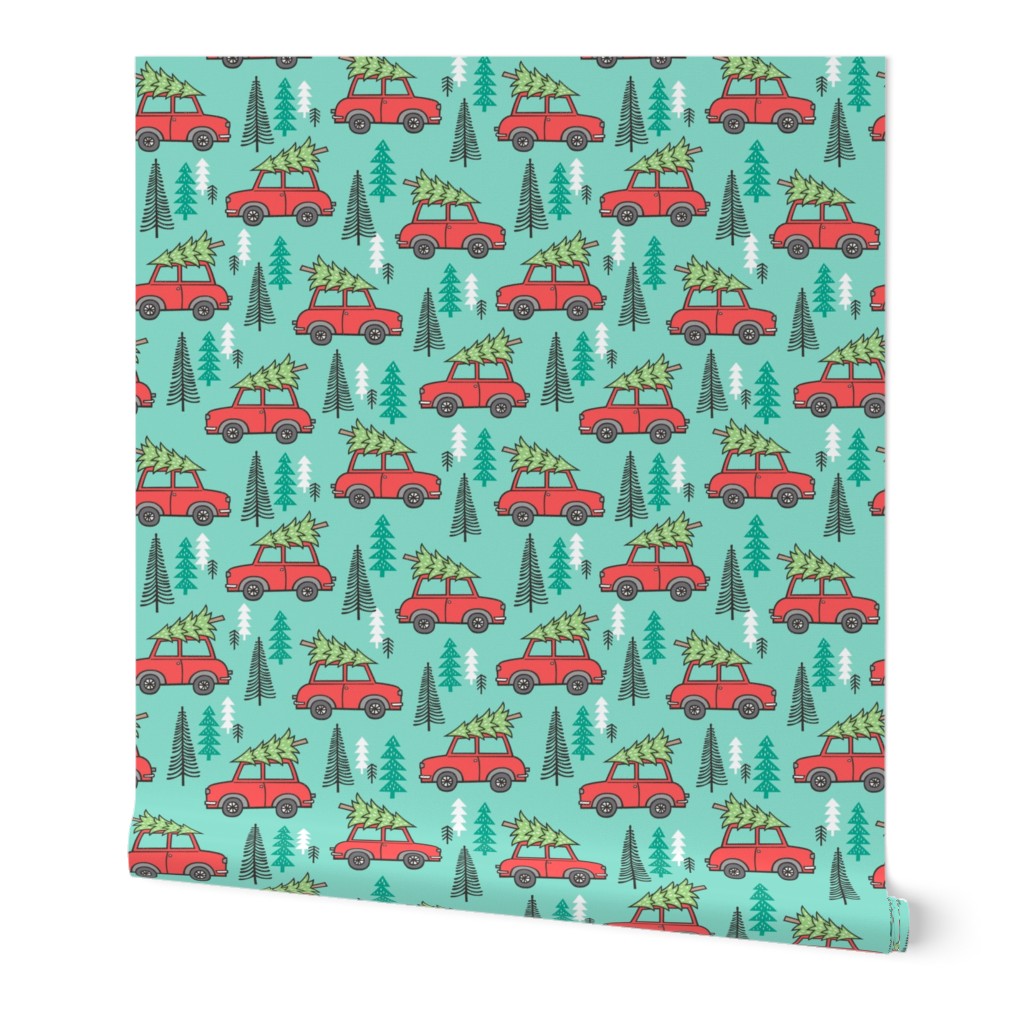 Holiday Christmas Tree Red Car Woodland Fall on Mint Green