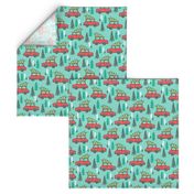 Holiday Christmas Tree Red Car Woodland Fall on Mint Green