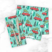 Holiday Christmas Tree Red Car Woodland Fall on Mint Green