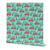 Holiday Christmas Tree Red Car Woodland Fall on Mint Green