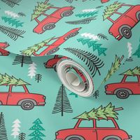 Holiday Christmas Tree Red Car Woodland Fall on Mint Green