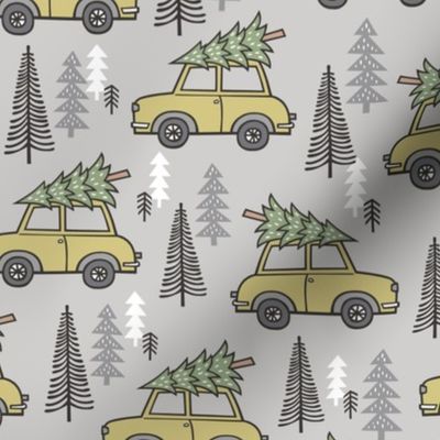 Holiday Christmas Tree  Car Woodland Fall on Grey