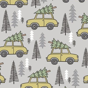 Holiday Christmas Tree  Car Woodland Fall on Grey