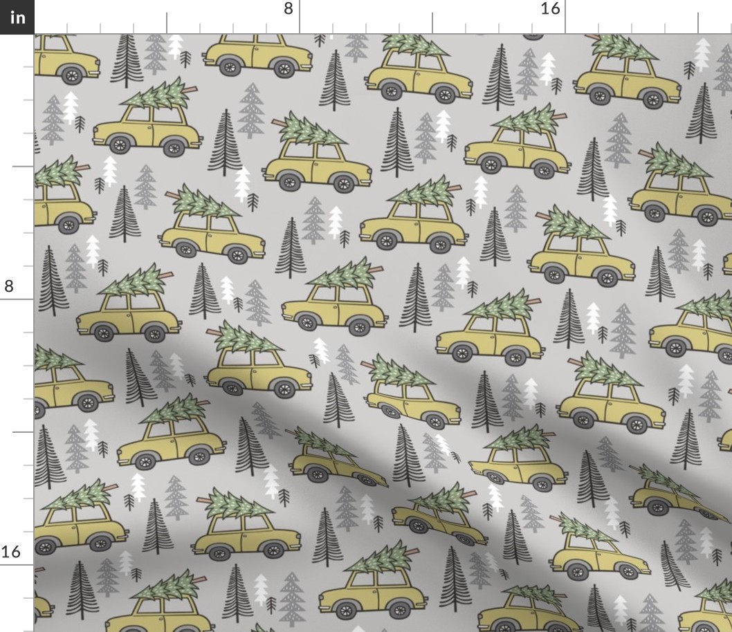 Holiday Christmas Tree  Car Woodland Fall on Grey