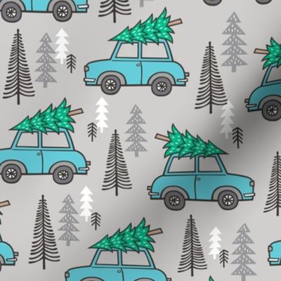 Holiday Christmas Tree Blue Car Woodland Fall on Grey