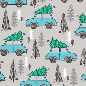 Holiday Christmas Tree Blue Car Woodland Fall on Grey