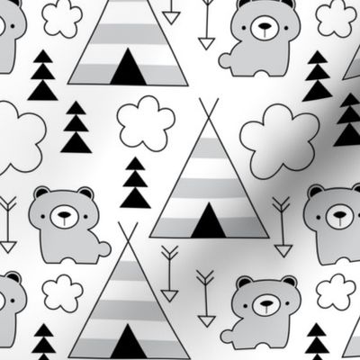 teepees and-bears-in-black-and-white